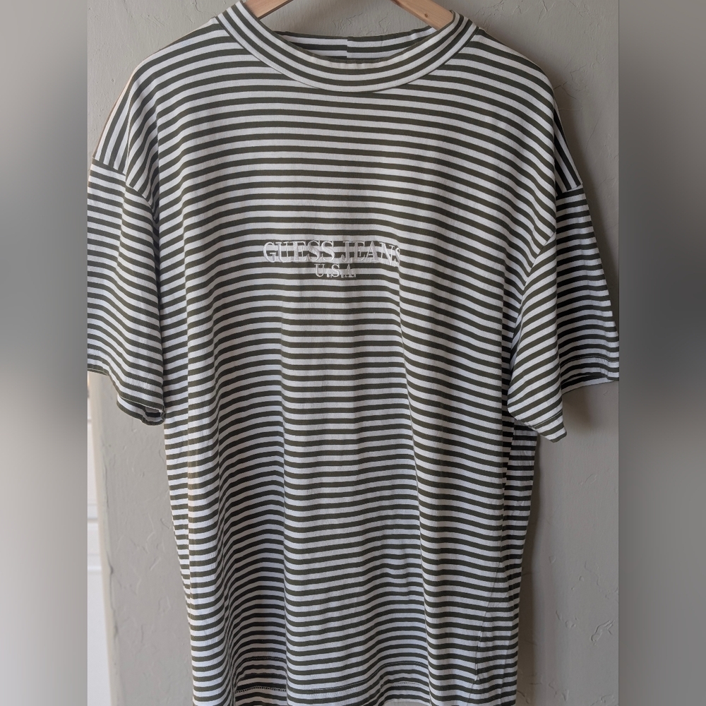 Vintage 90's Guess Jeans Striped Olive Green/White Tee